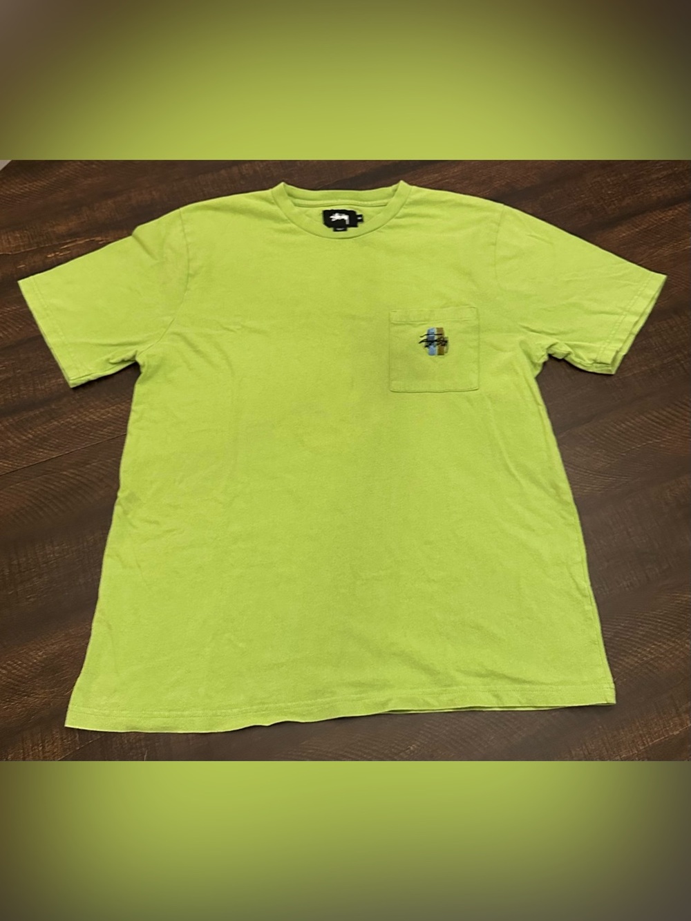 Stussy 2 Bar Stock Embroidered Lime Green Men’s Pocket T-Shirt Crew-Size Medium